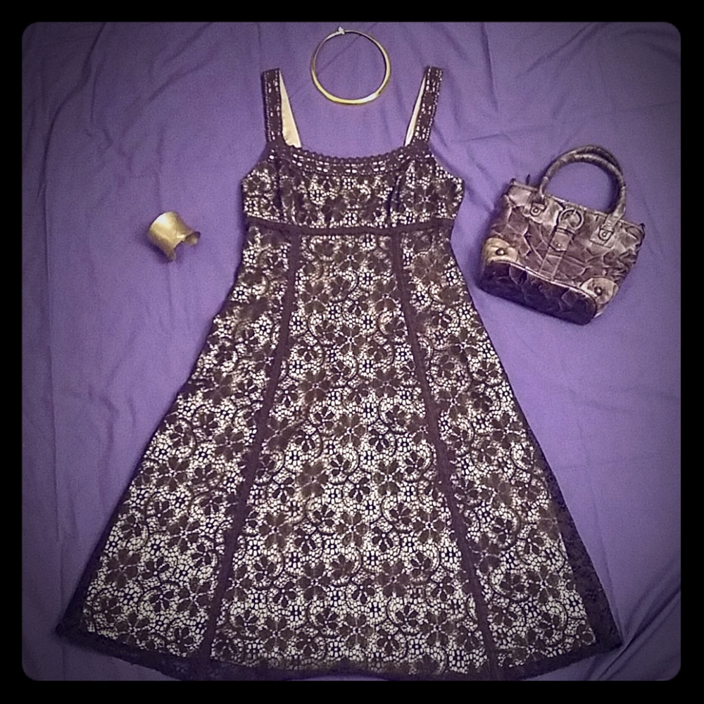 Brown and tan eyelet sleeveless midi dress